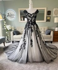 Gothic Black and White Wedding Dresses with Court Train A Line Bridal Gowns
