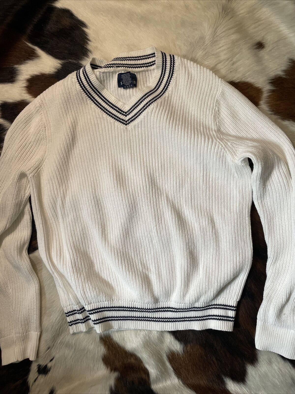 Vintage Stafford V-Neck Cable Knit Sweater White … - image 1