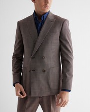 NEW EXPRESS 298 BROWN CHECK SLIM WOOL BLEND MODERN TECH SUIT JACKET SZ 38S