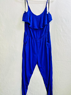 BNWOT MINE BRAND WOMENS JUNIORS ROYAL BLUE SLEEVELESS RUFFLE JUMPSUIT SZ MEDIUM