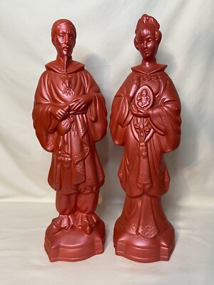 Vintage Asian Chinoiserie Faux Cinnabar Male Female Statues Large Set *READ