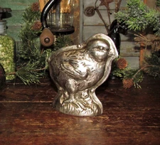 Primitive Vtg Tin Style Easter Chick Chicken Silver Resin Chocolate Mold Decor