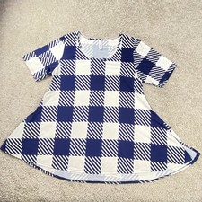 Lularoe Dress Womens XL Plaid Midi Blue White Shirt Sleeve Round Neck Checkered 