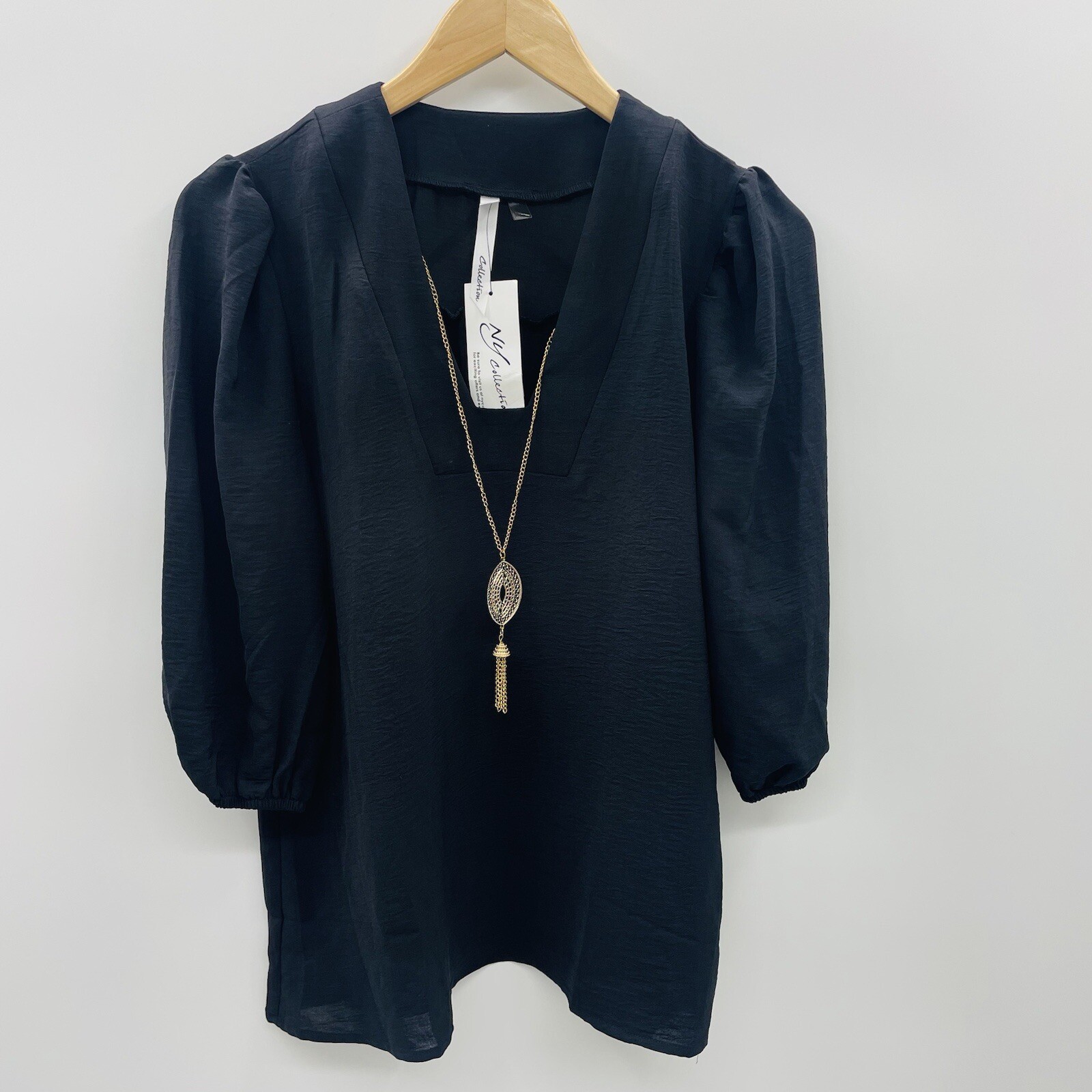 NY Collection Petite Womens PM Medium Balloon Sleeve Pullover with Necklace 1371