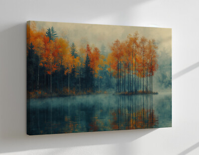 Herbst Wald Bäume am nebligen See Vintage Gemälde Leinwandbild Wandbild
