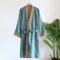 New Women's Kimono Oceania Blue Dressing Gown – Cotton Robe with Floral Pattern