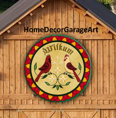 AMISH BARN QUILT DESIGNS Barn Quilt Sign, Cardinal Birds Welcome, Hex Design Round Metal Sign 6 Sizes