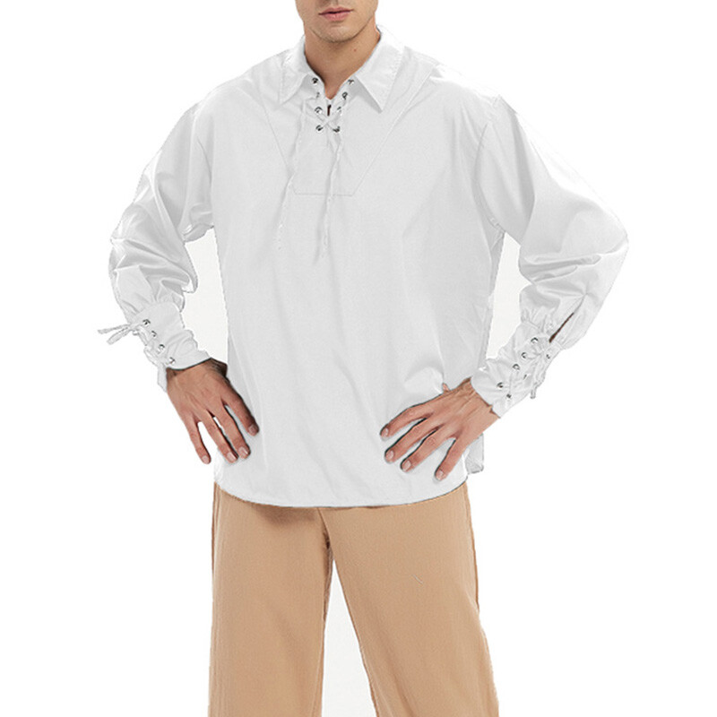 Hombres Camisa Pirata Cuello Con Cordones Cuello Blusa Prendas para el torso Camiseta Manga Larga