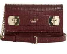 Guess Women's Frankee Fold-Over Flap Crossbody Handbag Croc Bordeaux Silver