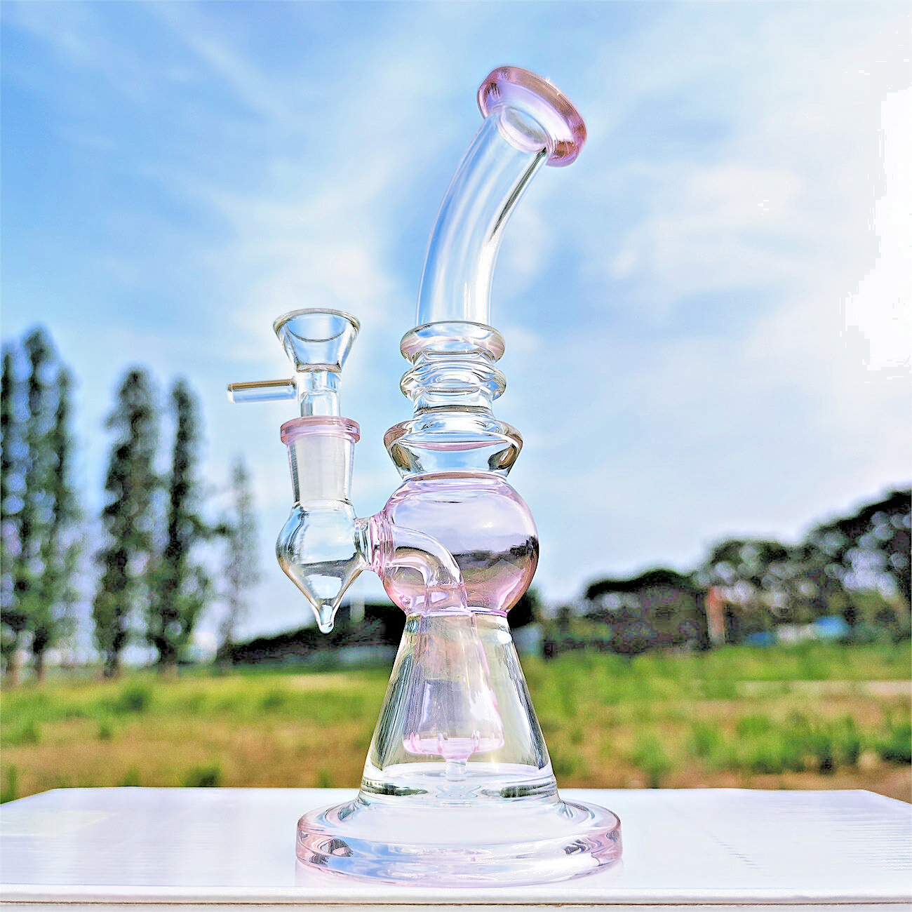 8" Portable Pink&amp;Clear Round Core Glass Bong 14mm Bowl Bongs Water Pipe Gift Box