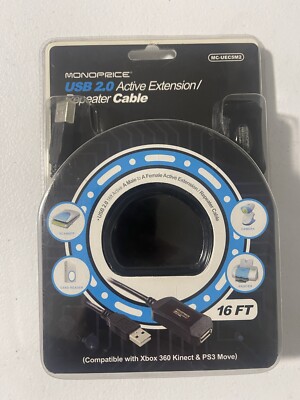 MONOPRICE USB 2.0 Active Repeater Ext Cable Xbox Kinect PS3 Female to Male 16FT
