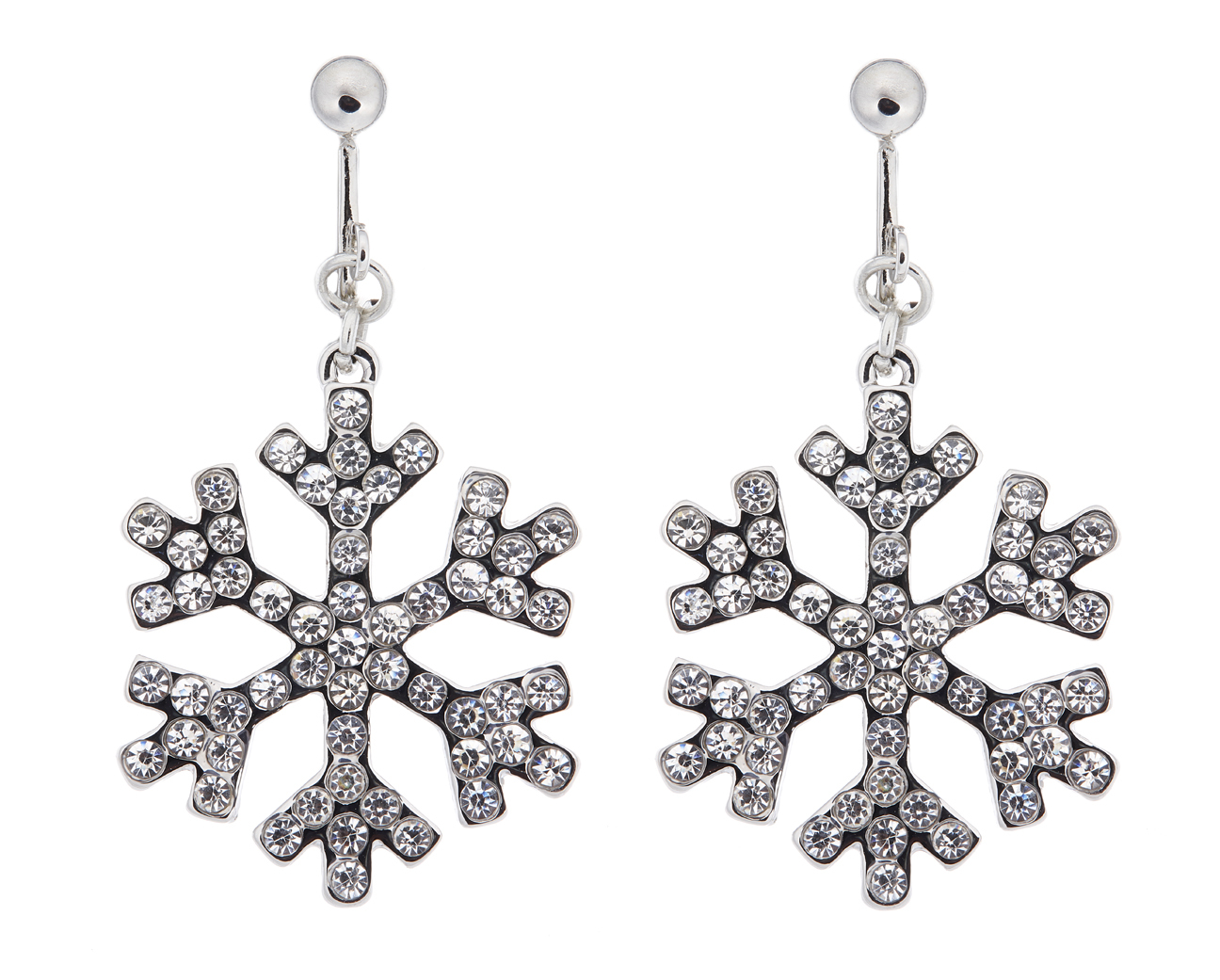 Snowflake Clip On Christmas Earrings silver xmas drop with crystals - Millie