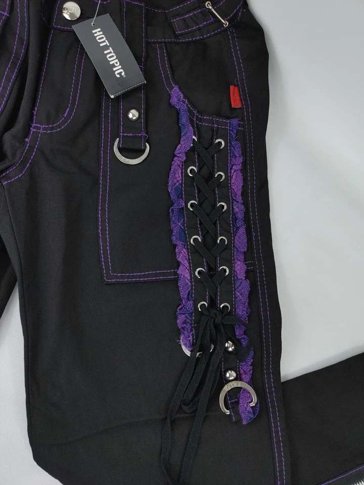 NUEVO CON ETIQUETAS Tripp NYC Negro Púrpura Gótico Punk Recto Pierna Ancha Pantalones Cadena Cremalleras Talla 0 Foto 4 de 4