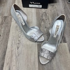 Nina New York Silver Glitter Evening Formal Peep Toe Bow Cocktail Prom Heels 9.5