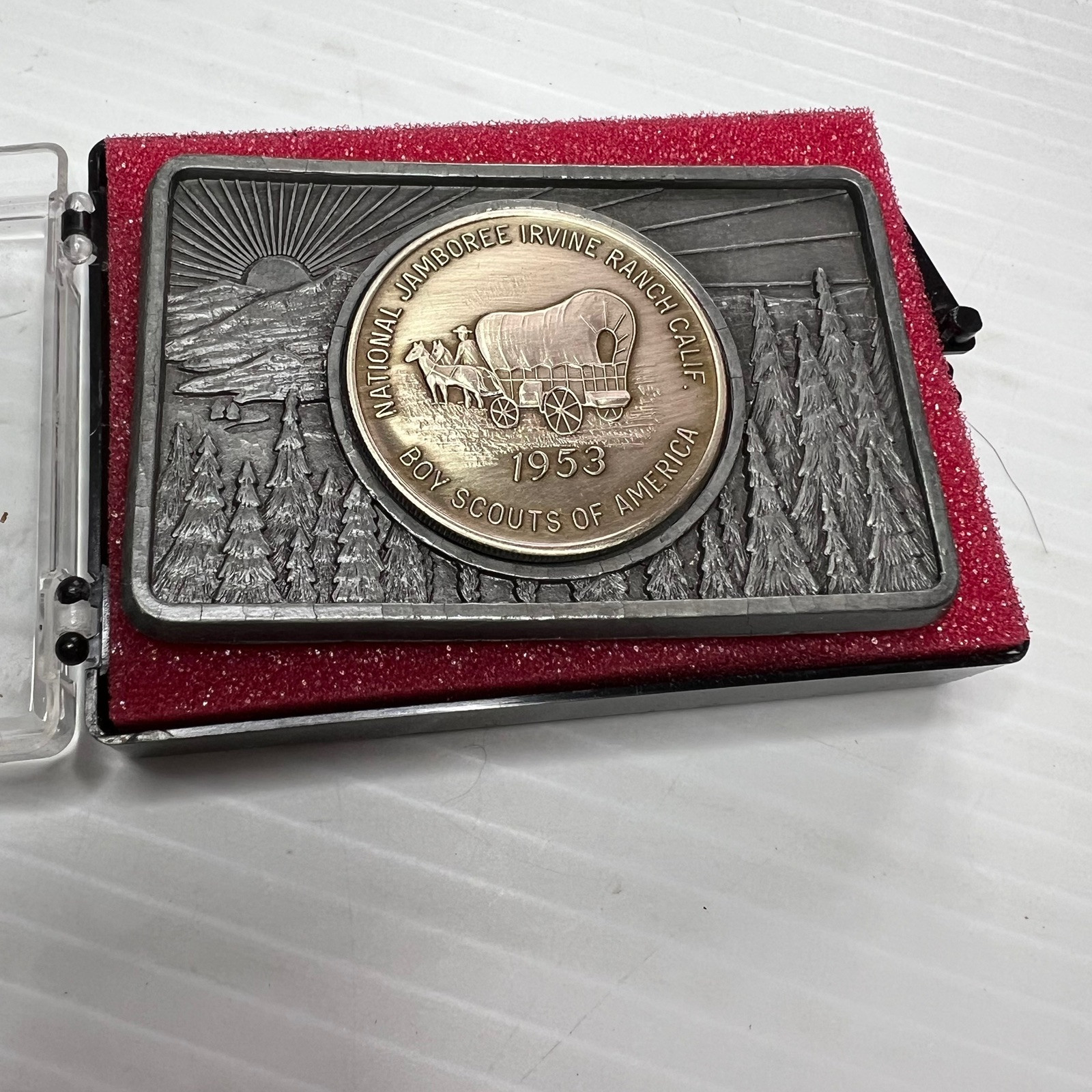 BSA 1953 National Jamboree Irvine Coin in Metal Belt Buckle Original Box SC-160