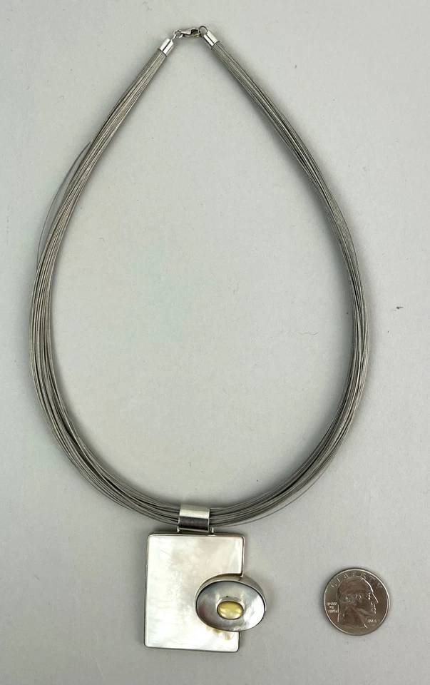 MODERNIST Sterling Silver MOP pendant necklace with stainless steel wires 17.5" - Image 4 of 4