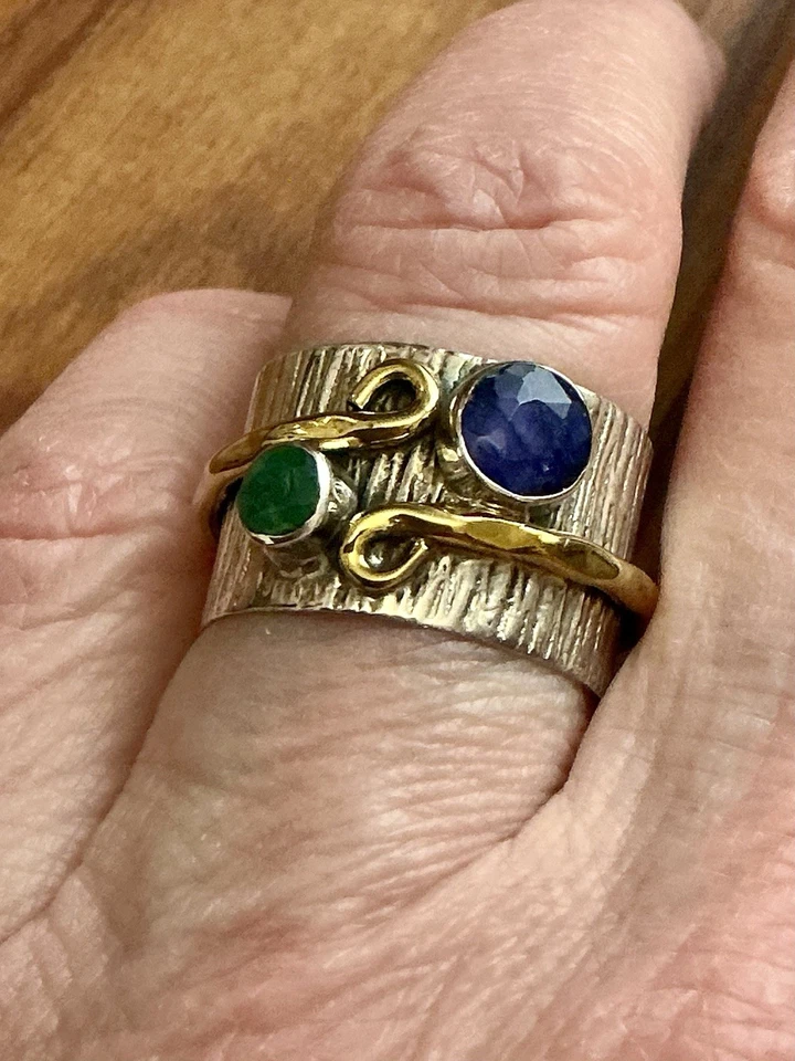SAPHIR ÉMERAUDE, VERMEIL, ARGENT MASSIF OUVRAGÉ, Large BAGUE ANCIENNE Art Deco - Photo 4/4