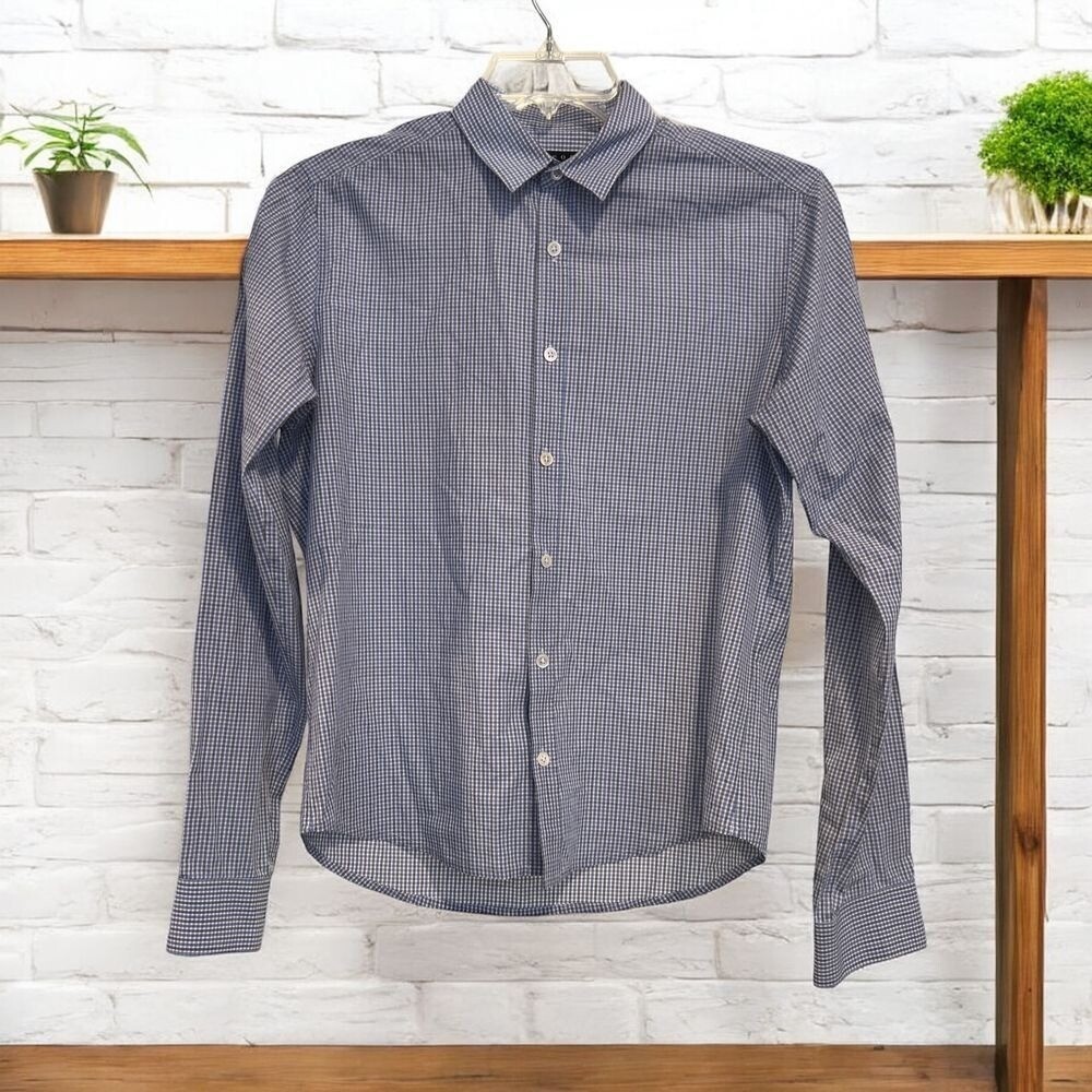Theory | Sylvain Dress Shirt Blue White Check Cotton S Preppy Business Casual