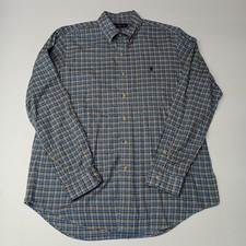 Ralph Lauren Button Down Shirt Men's L 100 Cotton Blue Tan Plaid Long-Sleeve