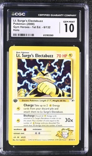 CGC 10 Lt. Surge's Electabuzz 6/132 Gym Heroes 1st Edition Holo Pokemon Card