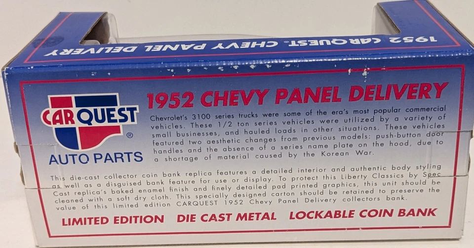 1952 CHEVY PANEL TRUCK, DIE CAST TOY, LIMITED EDITION, LOCKABLE COIN BANK, NOS - Image 2 of 4