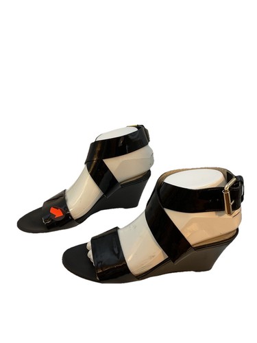 AGL LADIES SHOES 37 1/2 black patent strappy capsule heels sandals minimalist - Picture 10 of 13