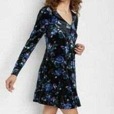 Wild Fable Velvet Floral Long Sleeve Mini Dress Blue Roses Whimsy Goth Romantic