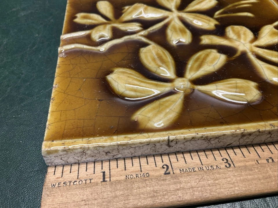 2 Antique Trent Tile Art Pottery Tiles Art Nouveau Floral Mantel Fire Place - Image 2 of 4