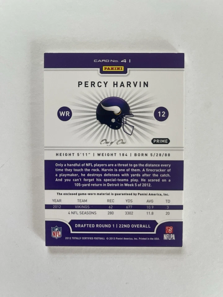 2012 Panini Totally Certified Percy Harvin Black Prizm 1/1 Patch Vikings #41 SP - Image 2 of 4