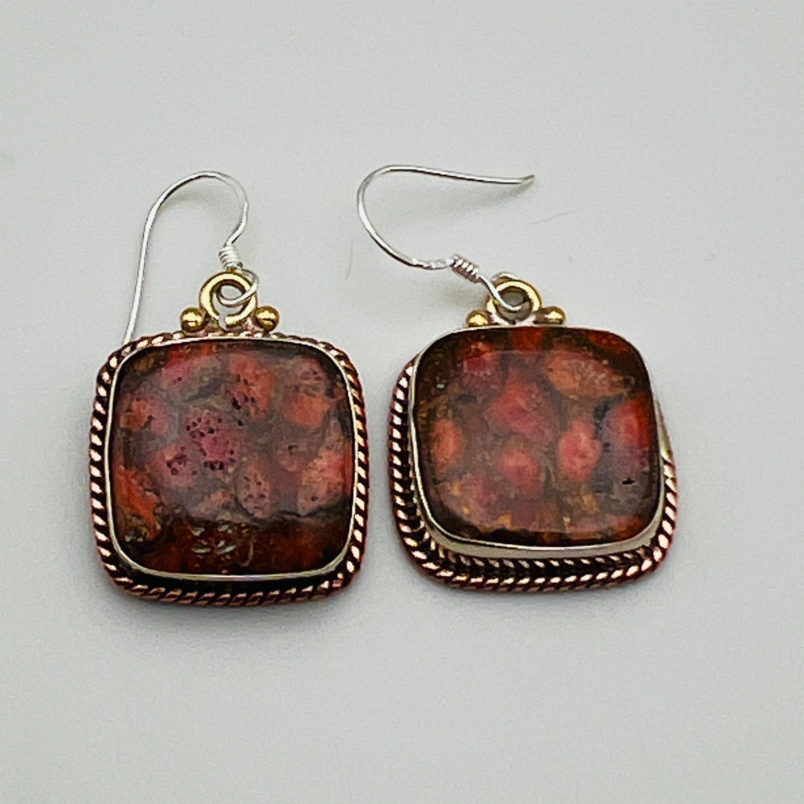 Dangle Earrings Square Jasper Stone Two Tone Pier… - image 1