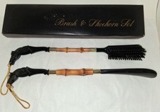 Vintage Plastic  Bamboo Look Horsehead Handled Shoe Horn  Brush with Box