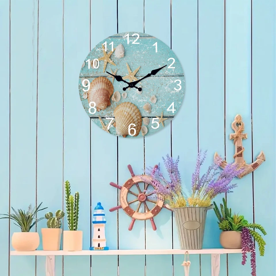 Reloj de pared de madera con temática de playa de 12-24 pulgadas, reloj grande silencioso redondo para decoración del hogar Foto 4 de 4
