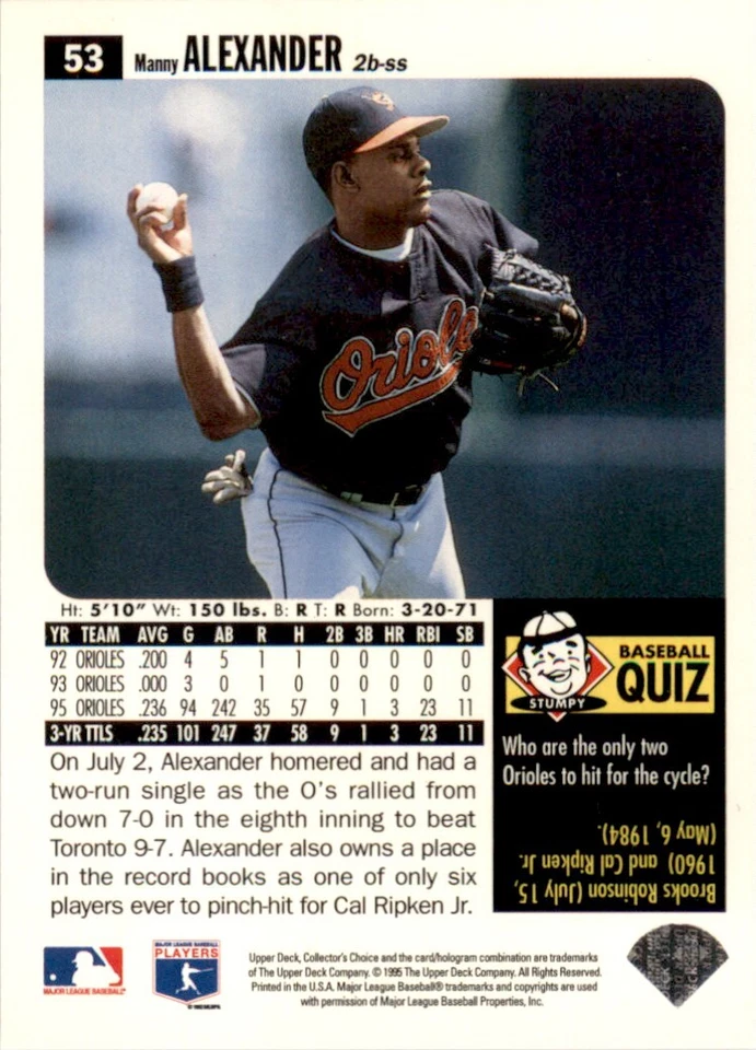 1996 Collector's Choice Silver Signature #53 Manny Alexander Baltimore Orioles - Image 2 of 2