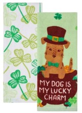 Celebrate St Patrick's Day Lucky Charm Dog Shamrock Cotton Kitchen Towels 2-Pack