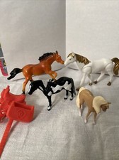 Toy Horse Lot 4 Horses And A Saddle Various Sizes Brands Colors Pretend Play