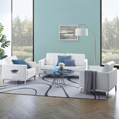 Modway Loft 3 Piece Tufted Upholstered Faux Leather Set in Silver White