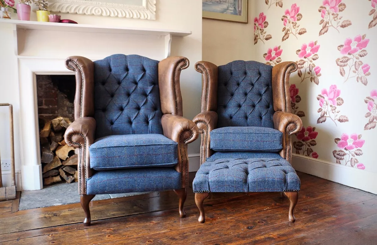 Pair of Chesterfield Queen Anne Chairs Footstool in Tan Leather Harris Tweed