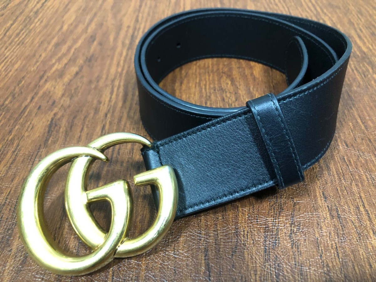 GUCCI AUTHENTIC GG BUCKLE MARMONT WIDE LEATHER BELT BLACK