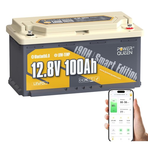 Power Queen 12V 100Ah 190H Smart Bluetooth LiFePO4 Batterie 1280Wh für Wohnmobil - Afbeelding 11 van 11