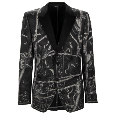 DOLCE & GABBANA SICILIA Seide Affen Blazer Sakko Jacke Schwarz Grau 44 XS