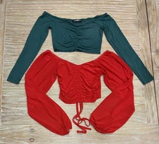 Shein Women’s Crop  Top Sheer Red Balloon Sleeves  Green Cinched Size XS