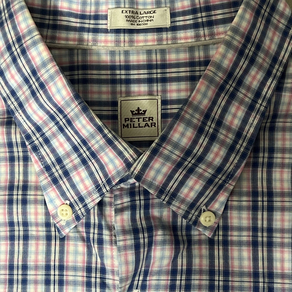 Peter Millar Men's Dress Shirt Size XL Oxford Blue Pink Plaid Button Down - Image 2 of 2