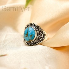 925 Sterling Silver Natural Blue Copper Turquoise Handmade Ring For Women