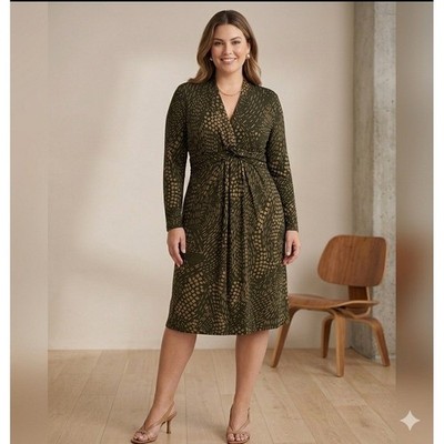 Kim Rogers Faux Wrap Dress Women 14 Green Abstract Print Long Sleeve Jersey  | eBay