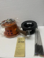 Vtg Orange Floral Enamel Fondue Pot Set Wood Handle Retro Kitchenware 1970s New!