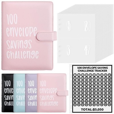 100 Envelope Challenge Binder for Saving Money, A5 PU Leather Budget Planner, Pi