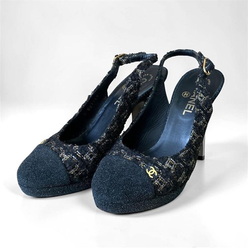 CHANEL Women Black Tweed Glitter CC Slingback Pumps Heels Shoes G27763 EU 37.5