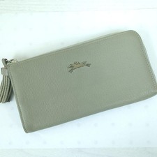 Longchamp Leather Long Wallet Gray Women Authentic