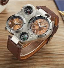 Oulm Military Army Dual Time Zones Movements Quartz Watch Leather Sports Mens