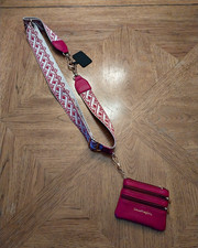 Savetthegirls Pink/White Geometric Card Wallet Wristlet, Embroidered Strap